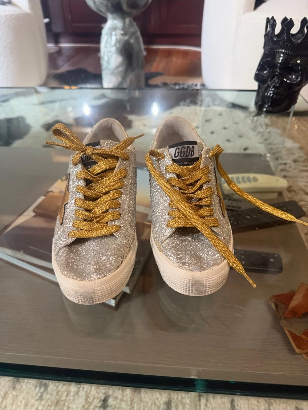 Golden Goose Silver Glitter Distressed Sneakers with Gold Star and Laces